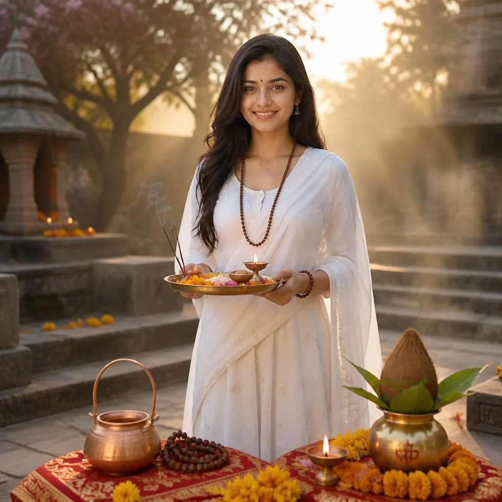 Girl in white traditional outfit inspired by Maa Brahmacharini during Navratri