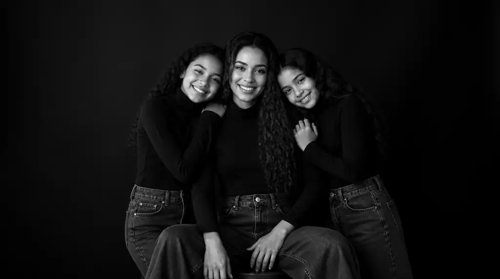 Para quem quer o clima elegante sem a torre completa: mãe e filhas abraçadas, gola alta preta, jeans wide-leg, still de estúdio.