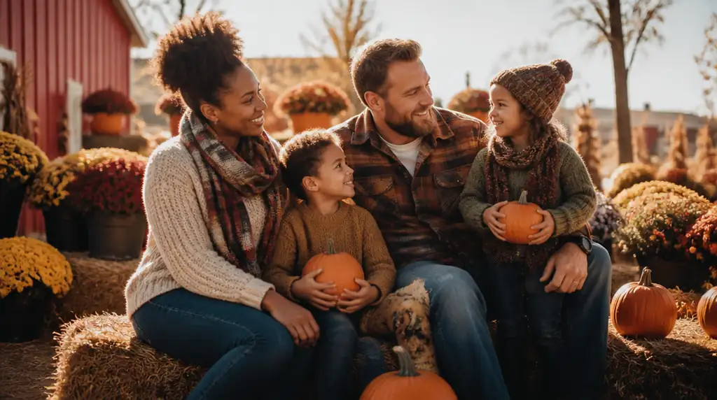 Family laughing together on hay bales at a pumpkin farm with children holding pumpkins.