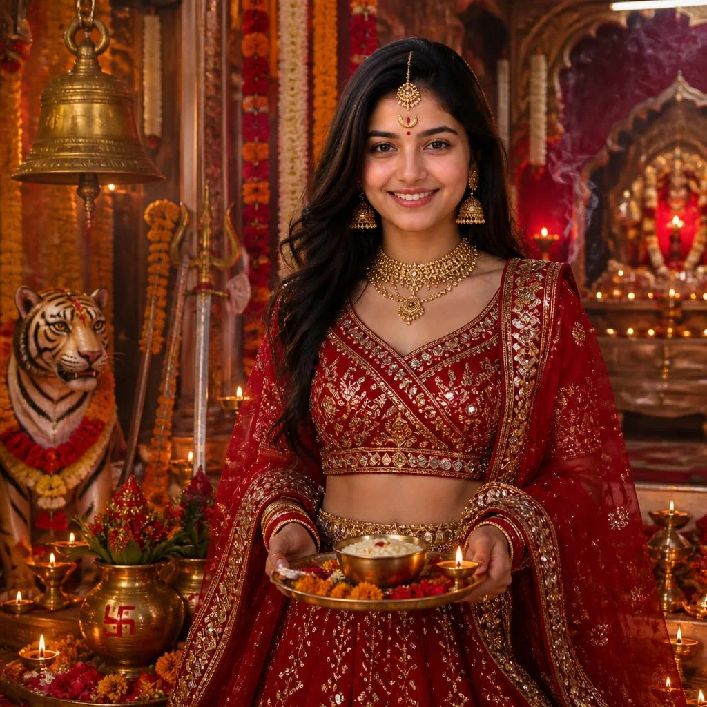 Girl in red Gujarati chaniya choli inspired by Maa Chandraghanta at a Navratri temple