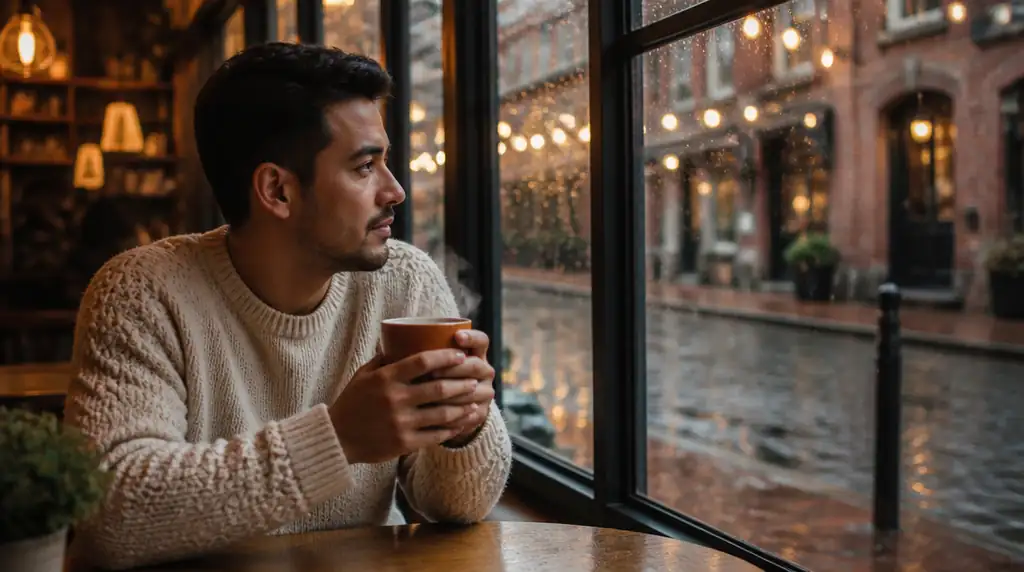 Person holding a steaming latte while looking through a rain-covered café window at an autumn street.