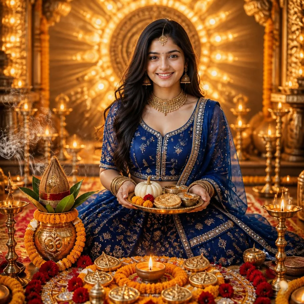 Girl in royal blue chaniya choli inspired by Maa Kushmanda with a Navratri puja setting