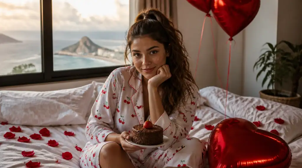 Mulher brasileira de pijama de cetim sentada na cama com bolo e balões de coração
