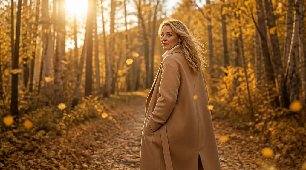 Person walking along a golden birch forest path in an oversized camel coat with falling leaves around them.