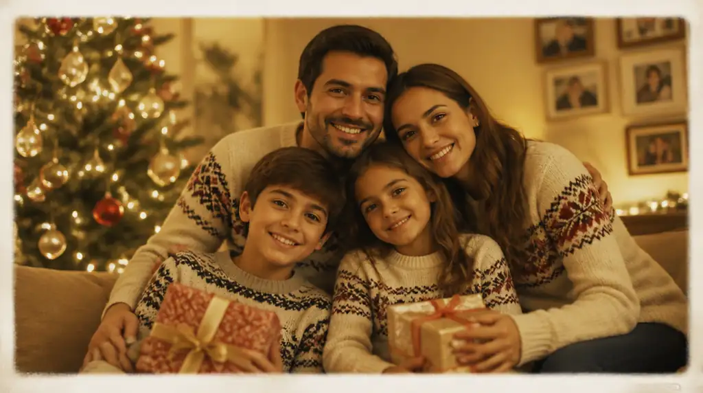 A busca por "prompt gemini foto de natal em familia" explodiu perto do fim do ano — esse aqui recria a sala brasileira com árvore, luz quente e grão de Polaroid.