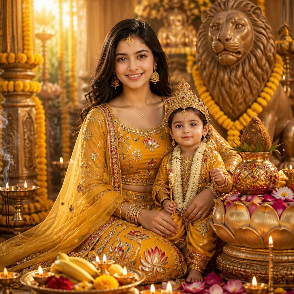Girl in yellow Gujarati chaniya choli inspired by Maa Skandamata with lotus decorations