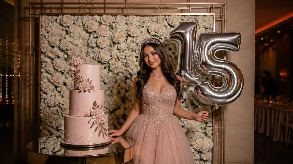Debutante brasileira de 15 anos com tiara e bolo de três andares em salão de festas