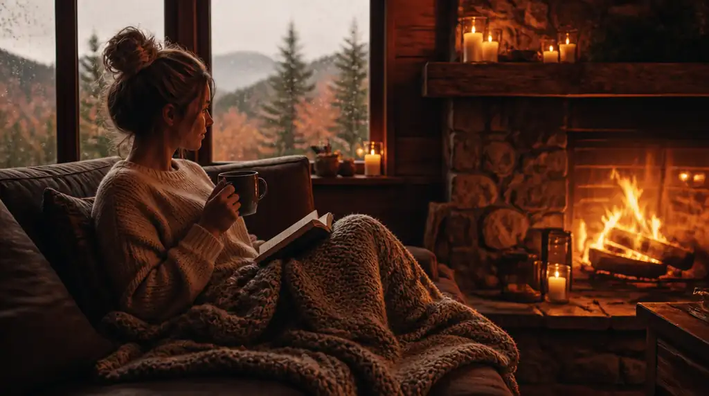 Person reading a book with a mug beside a fireplace and a rain-streaked window overlooking autumn trees.
