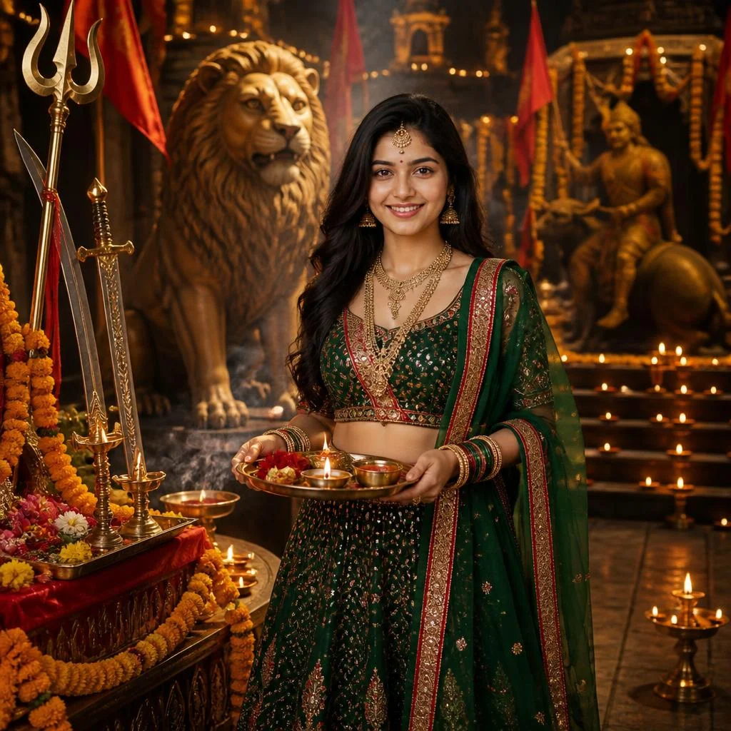 Girl in green traditional outfit inspired by Maa Katyayani at a Navratri celebration
