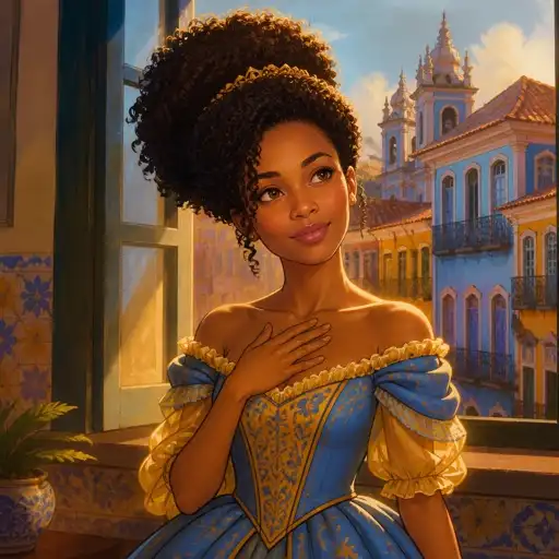 Uma garota de vestido azul com visual de princesa da Disney, em estilo de desenho.
