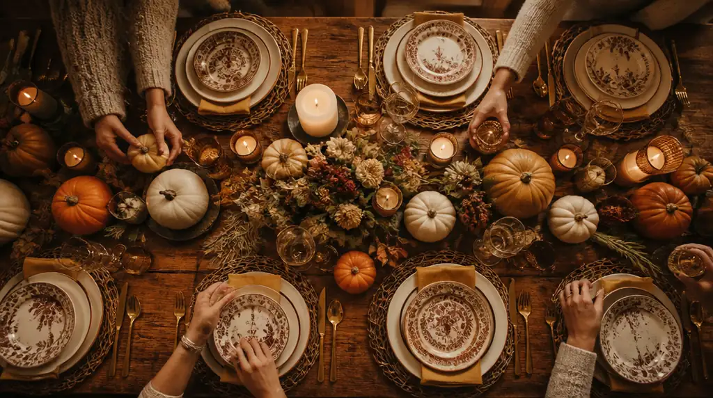 Overhead view of hands arranging pumpkins, autumn flowers, candles, and vintage tableware on a rustic Thanksgiving table.