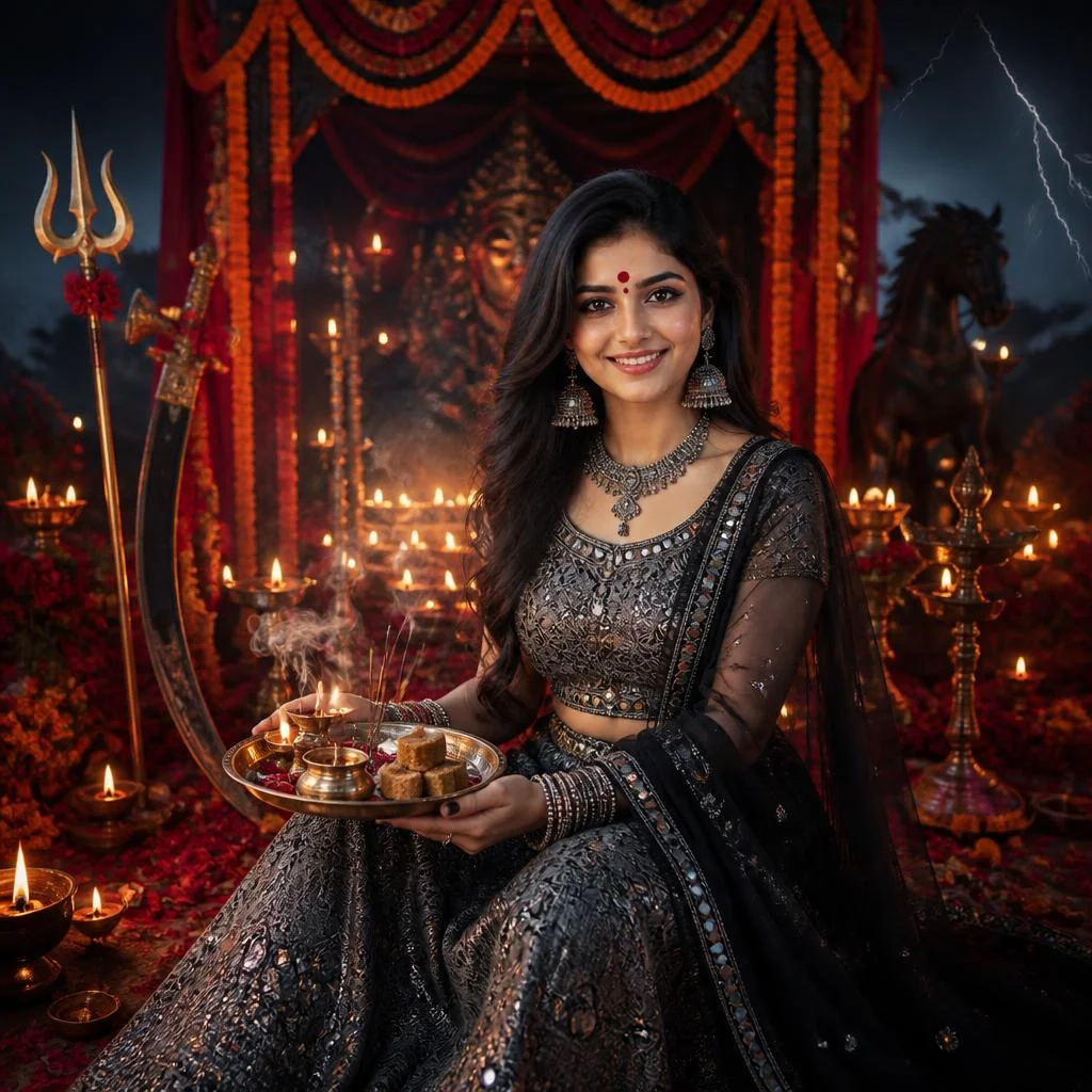 Girl in grey traditional outfit inspired by Maa Kalaratri at a nighttime Navratri puja