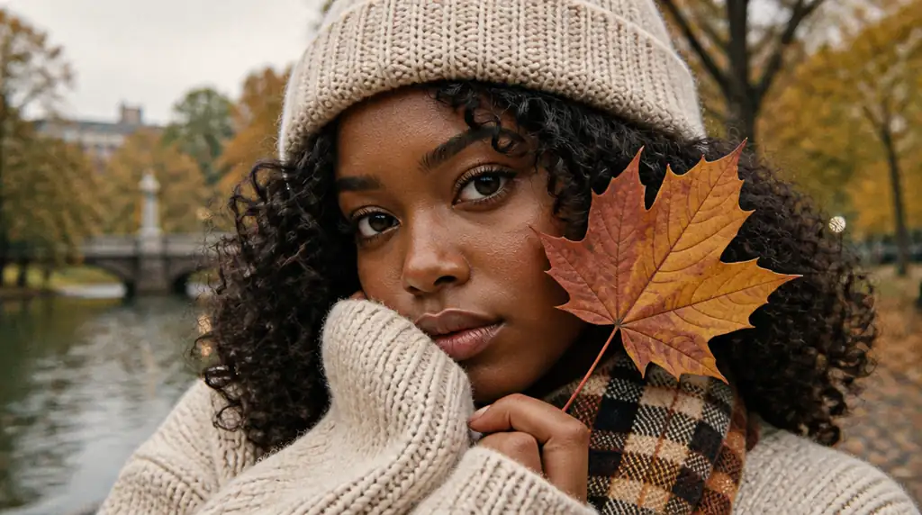 Close-up portrait of a person in a cream beanie holding a maple leaf against their cheek in an autumn park.
