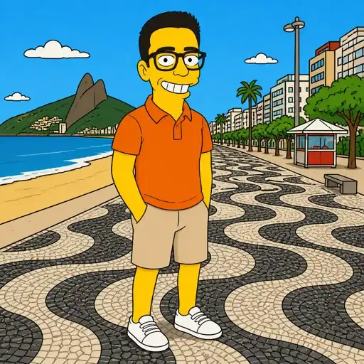 Um menino desenhado no estilo de *Os Simpsons, de pé perto da praia.