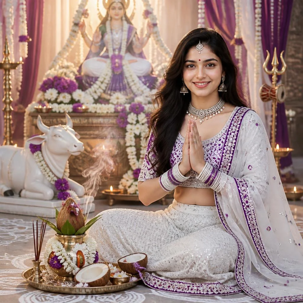 Girl in white and purple traditional outfit inspired by Maa Mahagauri during Ashtami