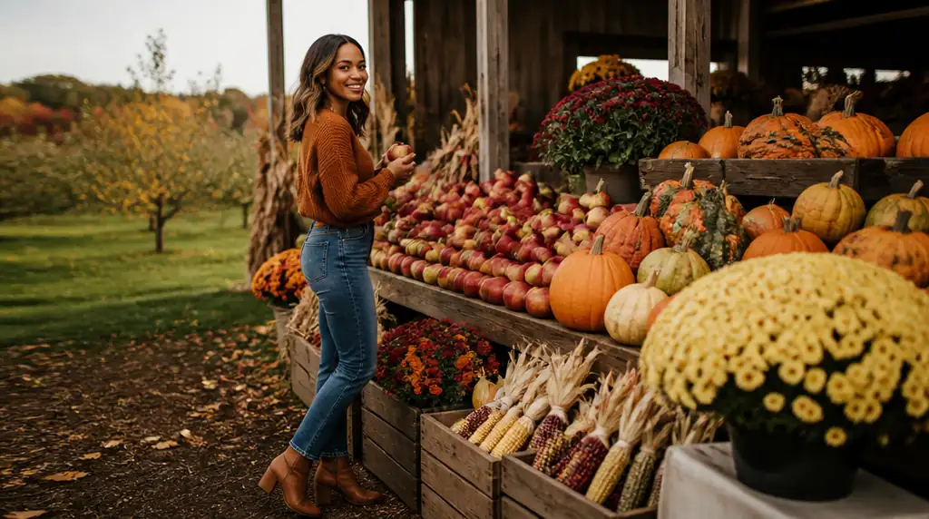 Person in a rust sweater standing beside an overflowing apple orchard stall filled with apples, gourds, corn, and chrysanthemums.