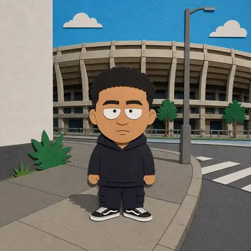 Desenho de um garoto de South Park de vestido preto, em pé perto da estrada.