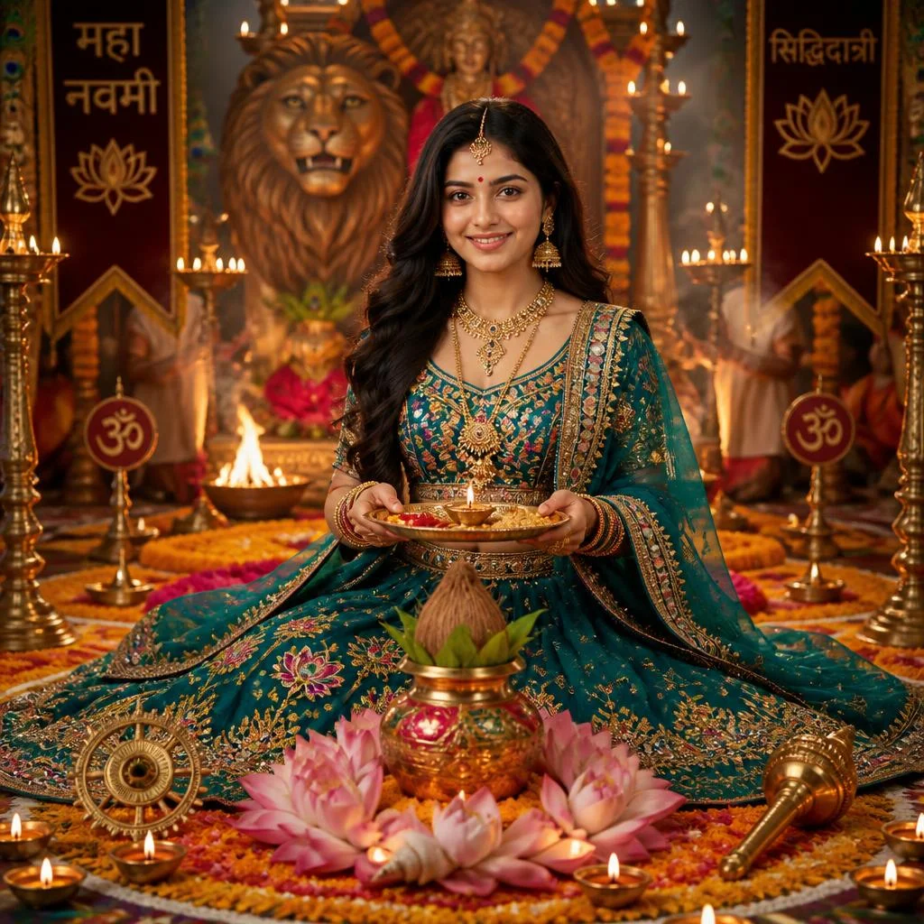 Girl in peacock-green chaniya choli inspired by Maa Siddhidatri uring Maha Navami