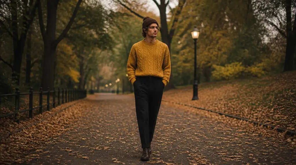 Person walking through a leafy urban park path in a mustard cable-knit sweater surrounded by fallen leaves.