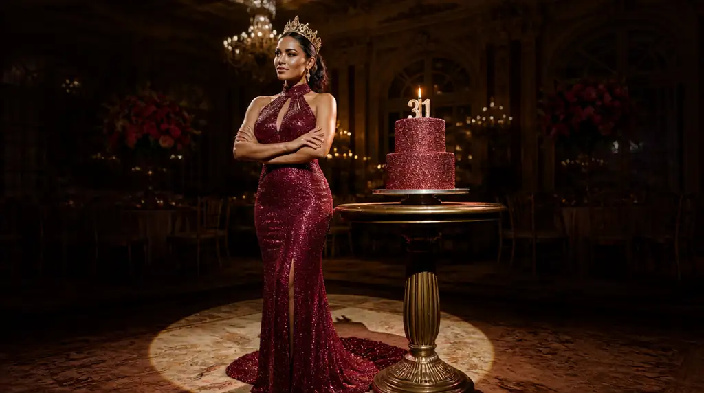 Mulher brasileira com coroa dourada e vestido vinho ao lado de bolo com glitter em salão