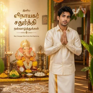Tamil man in a white veshti praying beside a decorated Vinayagar idol during Chaturthi.