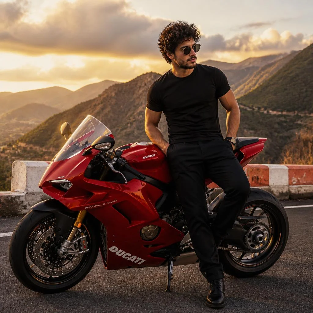 Photorealistic lifestyle motorcycle photoshoot of a stylish young male model naturally posing beside a Ducati Panigale V4, inspired by the provided reference images. He wears a fitted black polo shirt, beige relaxed trousers, black boots and sunglasses. Scenic Indian road with tropical greenery, warm golden-hour sunlight, dramatic natural sky, relaxed masculine body language, full-body composition with the motorcycle prominently visible, realistic skin texture, natural shadows, shallow depth of field, subtle cinematic color grading and premium DSLR photography. The exact Ducati Panigale V4 must be used. Do not replace, substitute or redesign the motorcycle.