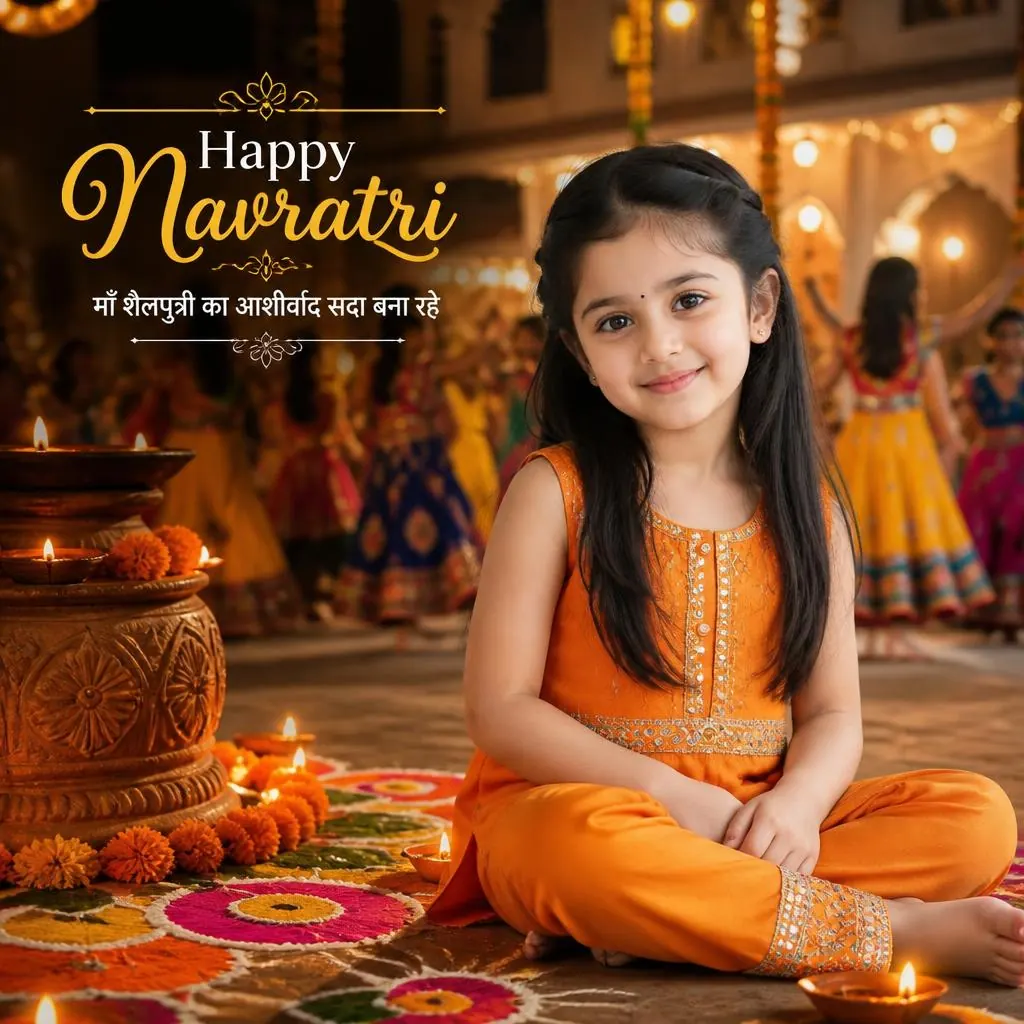 Baby girl in an orange traditional outfit celebrating Navratri in a decorated Gujarati Garba courtyard.