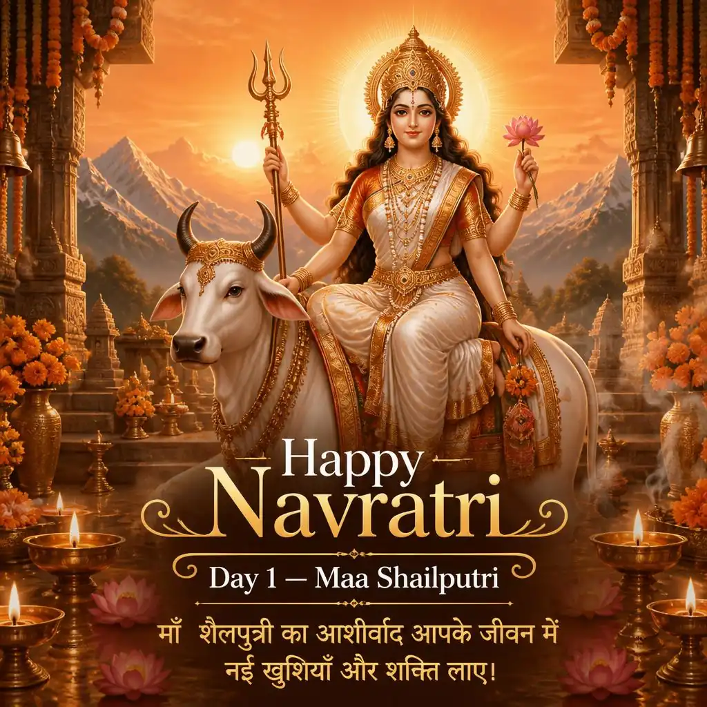 Maa Shailputri seated on a white bull in an orange Navratri temple setting with diyas and marigold flowers.