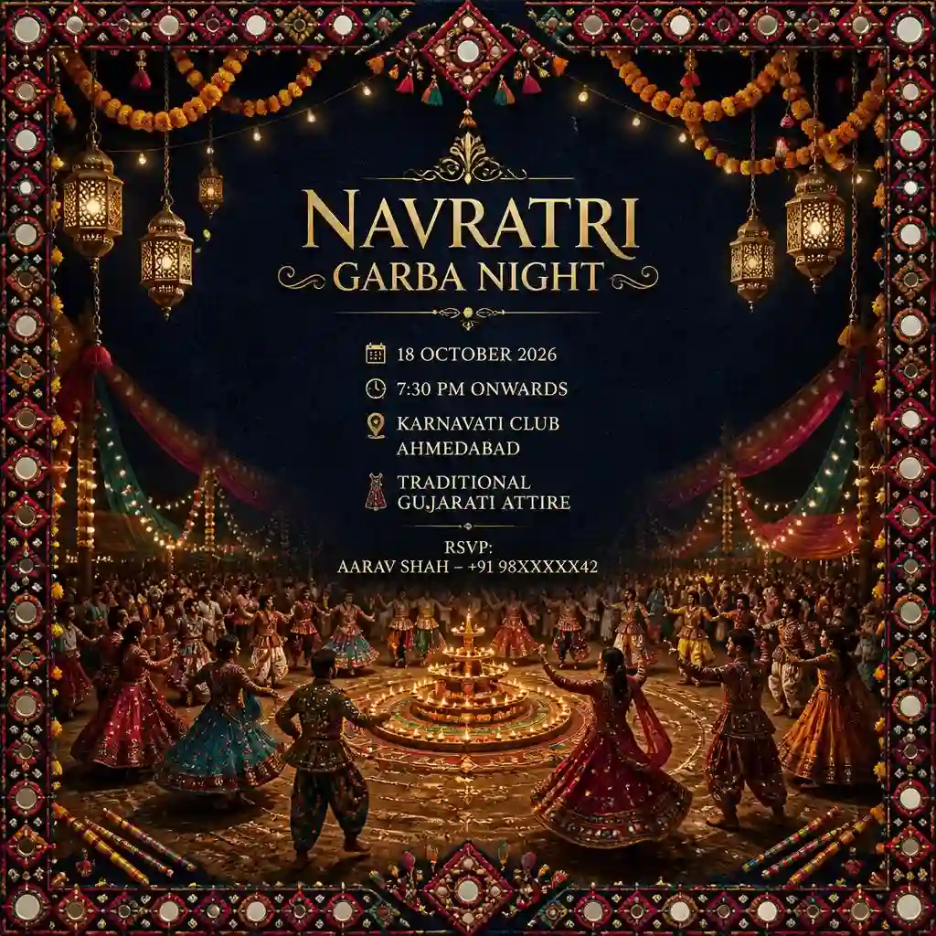 Midnight Navratri Garba night invitation with dancers, dandiya, lights, and mirror-work decorations.