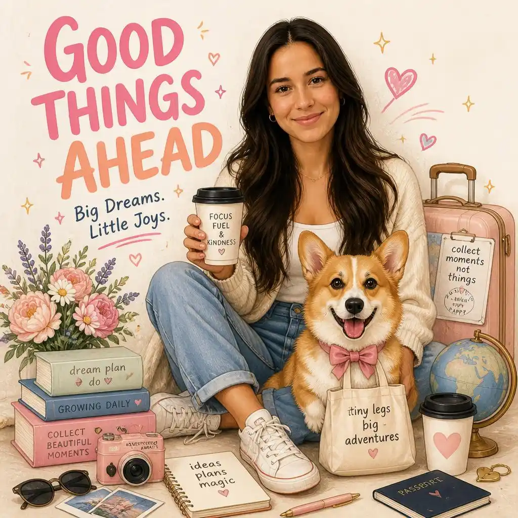 Female mascot poster with a Corgi, coffee, books, flowers, and the text “Good Things Ahead.”