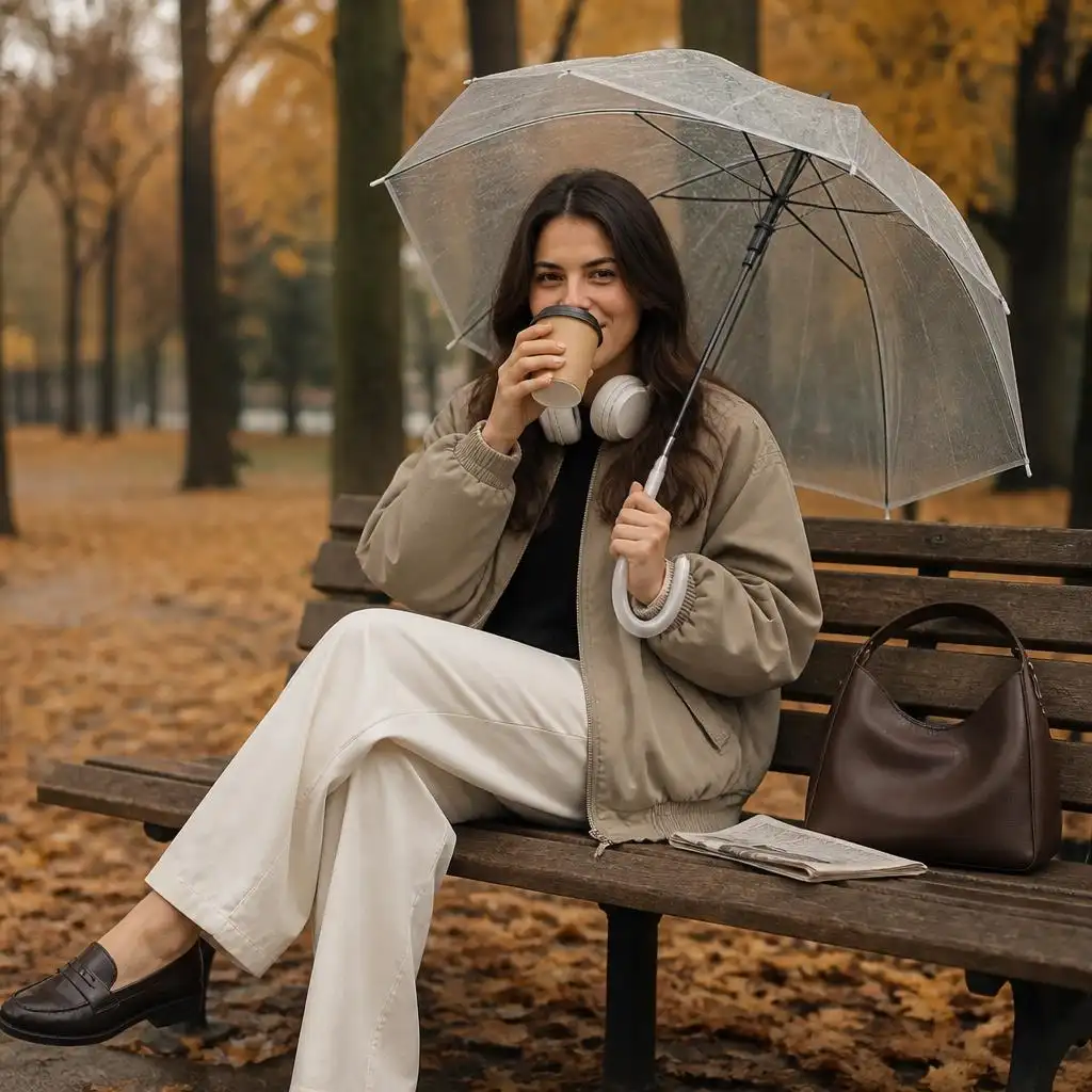 Person sitting on a park bench with coffee and an umbrella, surrounded by golden autumn leaves.