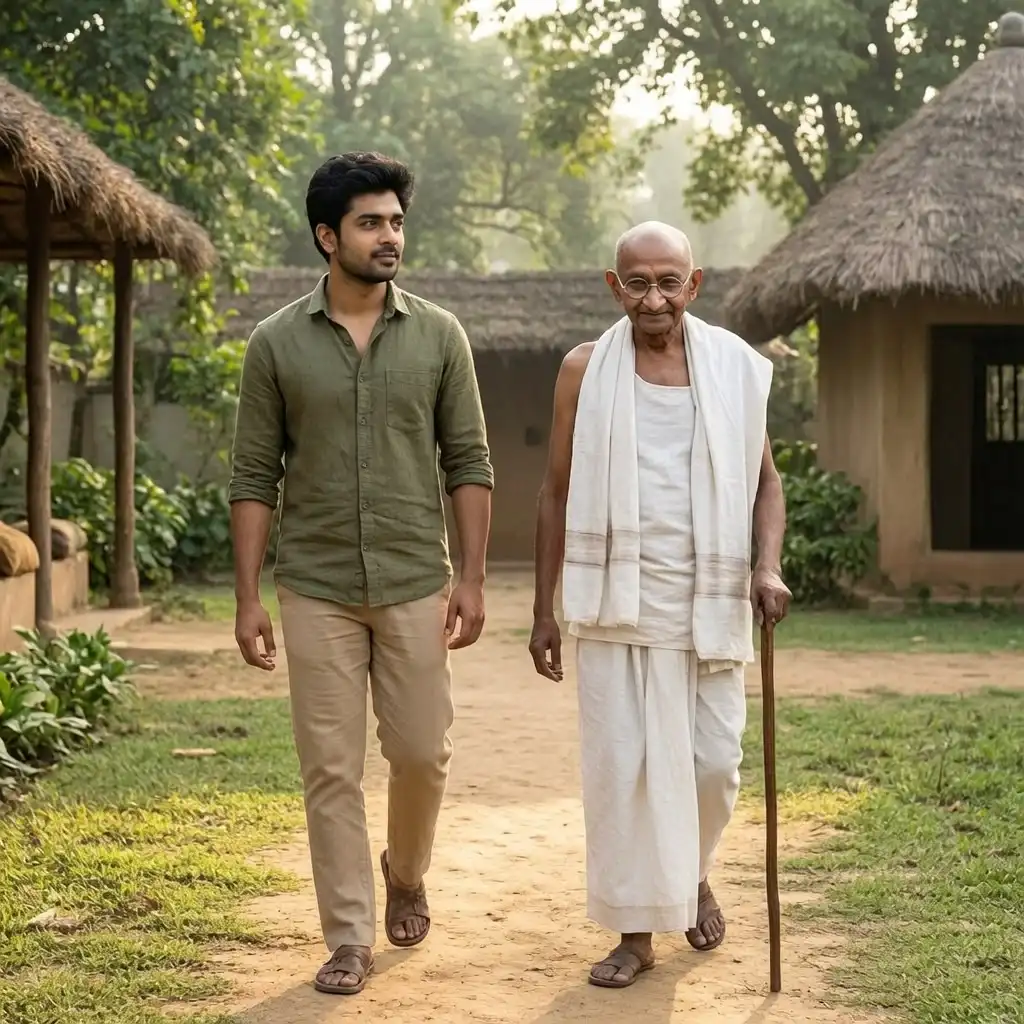 Person walking beside Mahatma Gandhi Ji in a peaceful Indian ashram setting.