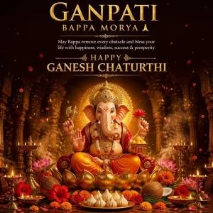 Royal 3D Lord Ganesha seated on a golden lotus throne with flowers, diyas and a grand temple backdrop.