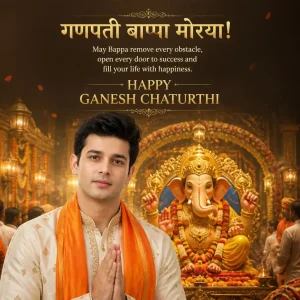 Man in a traditional kurta praying beside a grand 3D Ganpati Bappa at a decorated Mumbai Ganeshotsav pandal