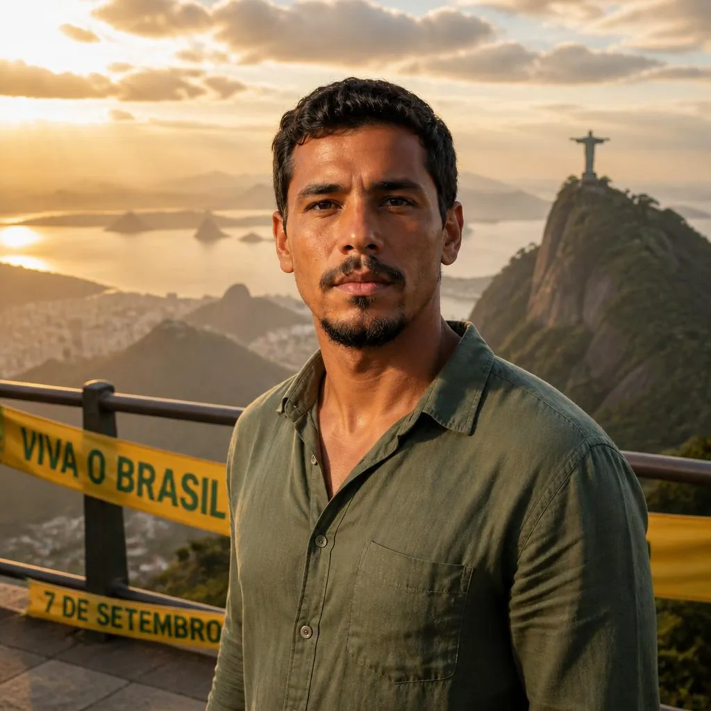 Homem brasileiro em homenagem ao 7 de Setembro com cenário nas cores do Brasil