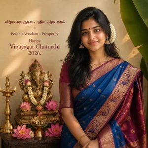 Tamil woman in a blue and wine silk saree posing beside an elegant Vinayagar shrine.