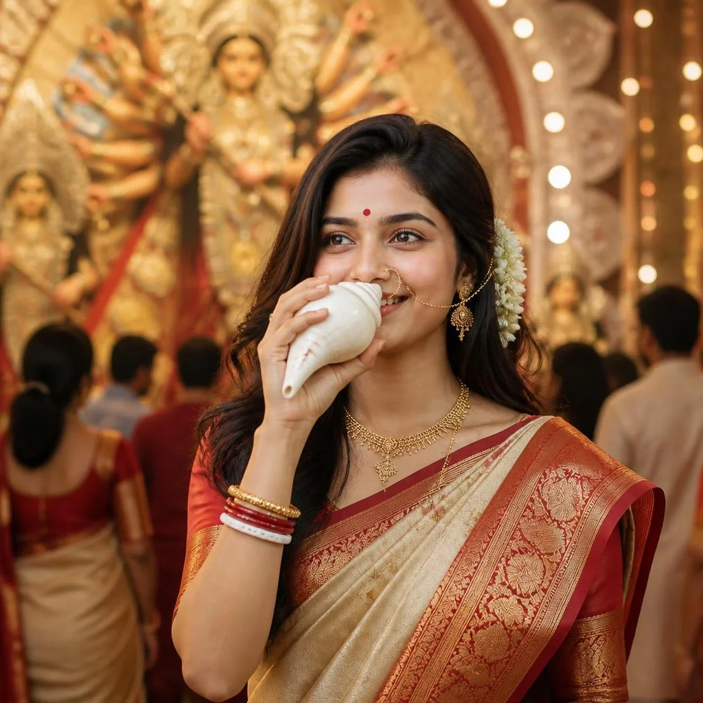 Girl in red and gold Bengali saree blowing a conch shell at Durga Puja