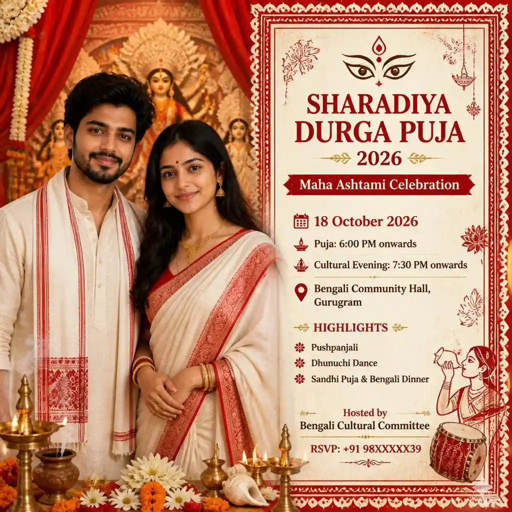 Navratri invitation featuring a group in traditional outfits with marigold flowers, diyas, and rangoli.