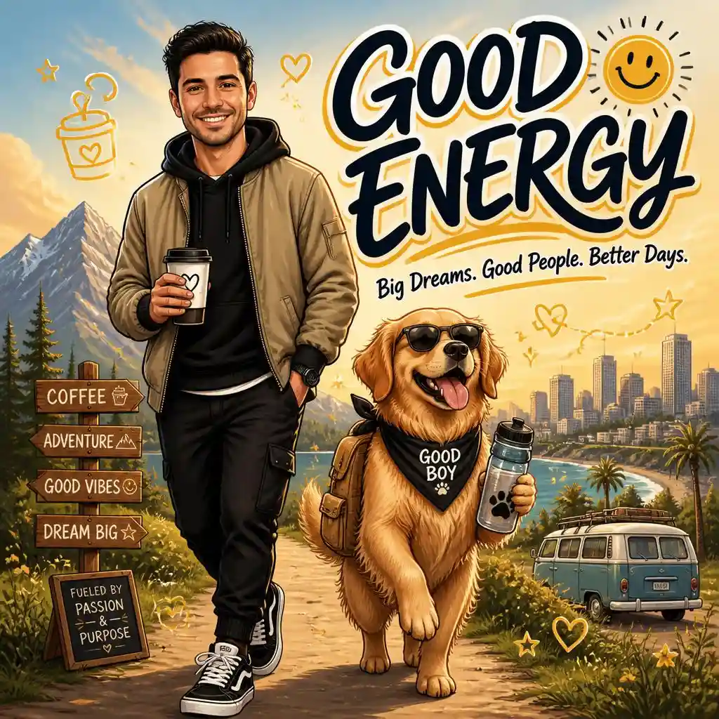 Male mascot poster with a golden retriever, coffee, backpack, travel props, and the text “Good Energy.”