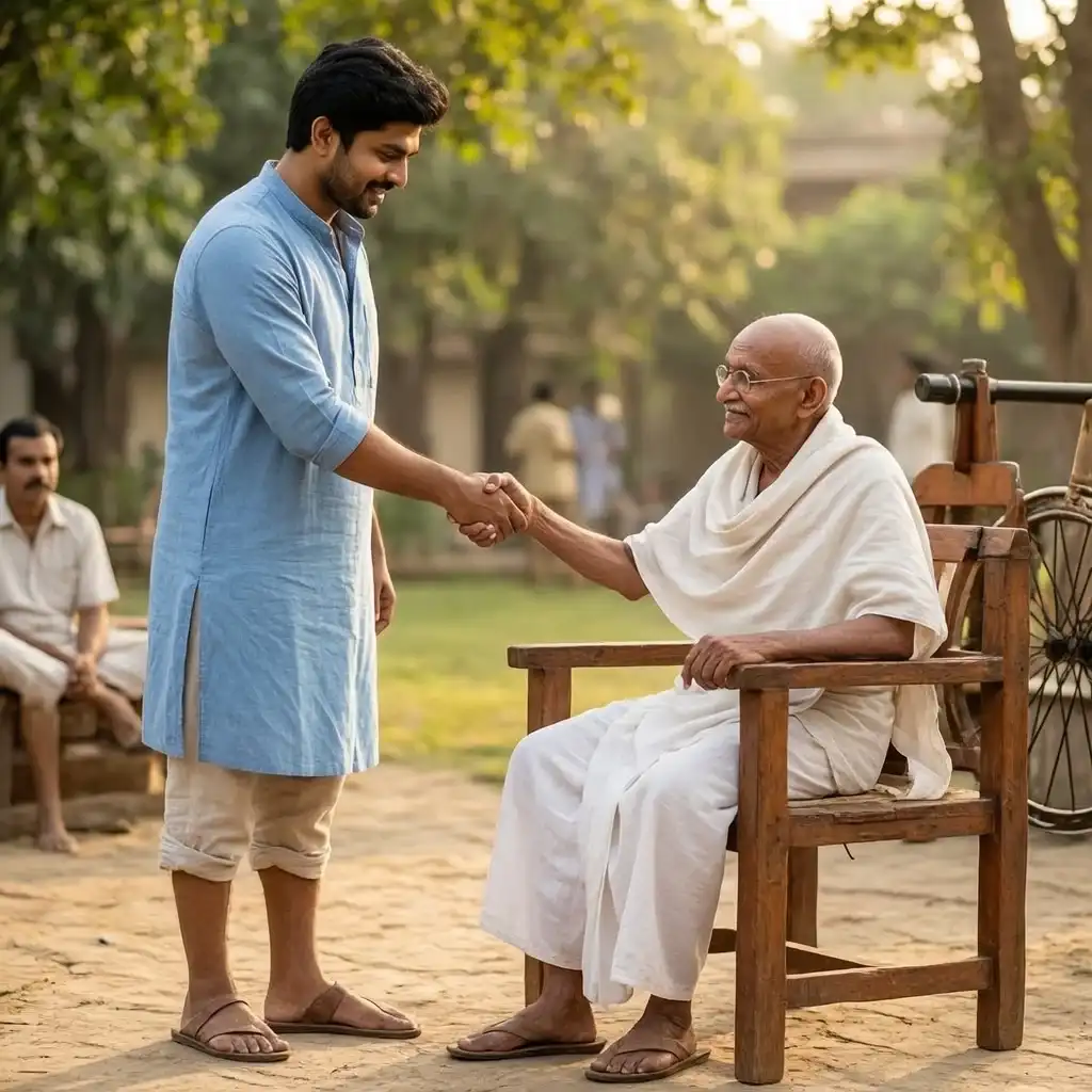 Man shaking hands with Bapu beside a traditional wooden charkha in an Indian ashram garden.