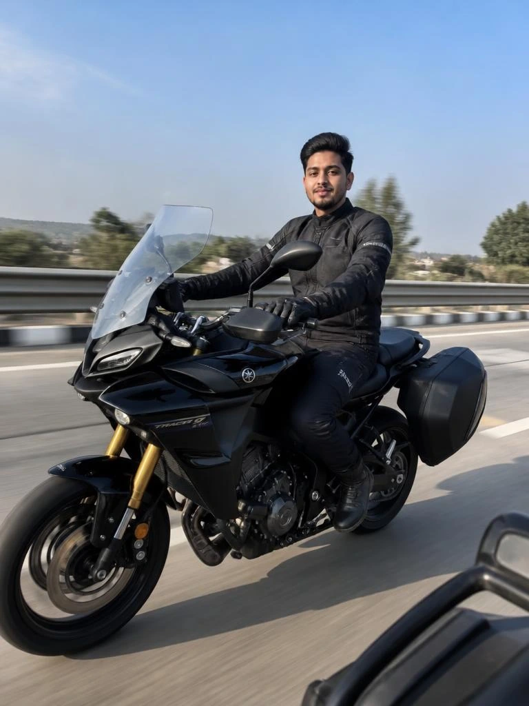 Rider speeding along an open highway on a sport touring motorcycle with realistic wheel and background motion blur.