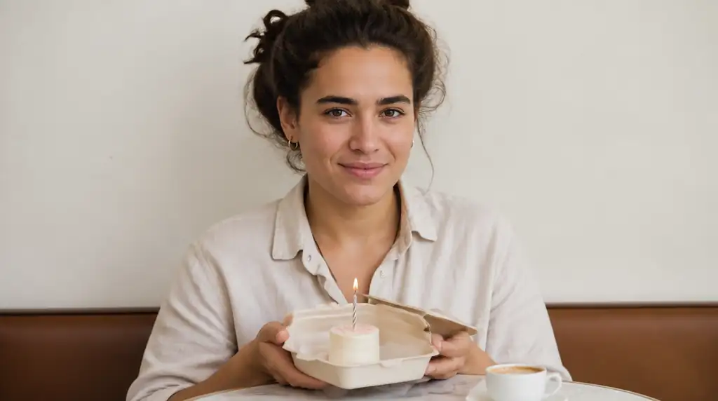 Pessoa brasileira segurando bento cake minimalista com uma vela em fundo claro
