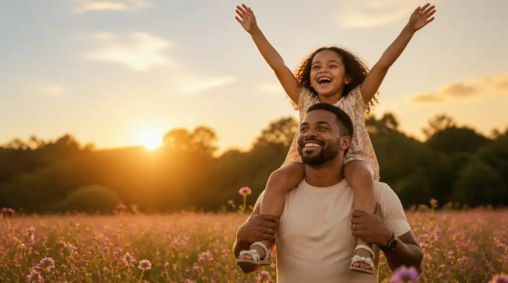 Para famílias que preferem um clima mais editorial e ao ar livre em vez do estúdio preto — indicado para pai e filha.
