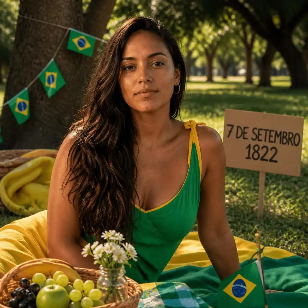 Mulher brasileira usando roupa verde e amarela em celebração ao 7 de Setembro