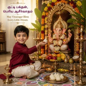 Young boy in traditional attire offering a kozhukattai to Vinayagar during Chaturthi.