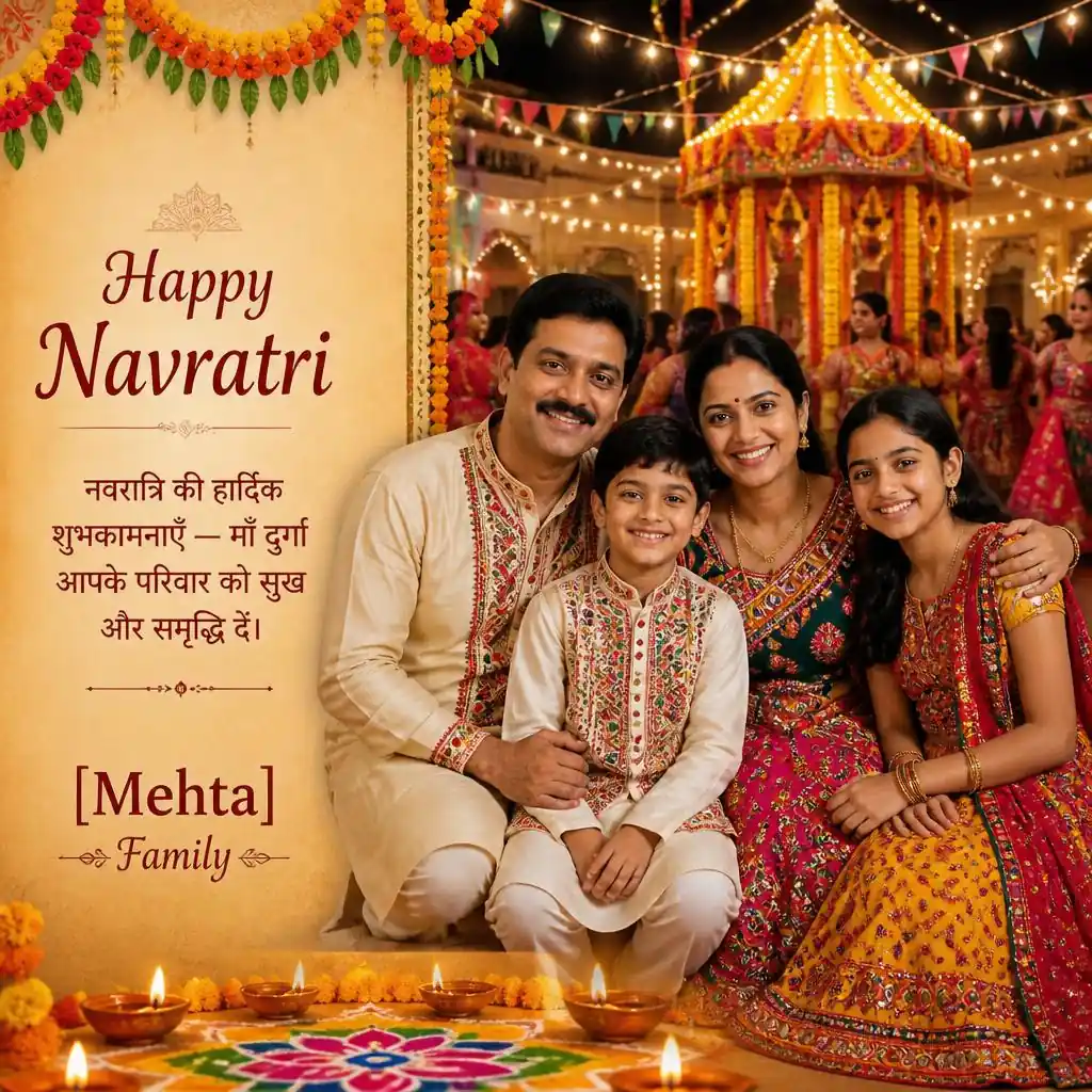 Family in traditional Gujarati attire celebrating Navratri in a colourful Garba courtyard with diyas and rangoli.