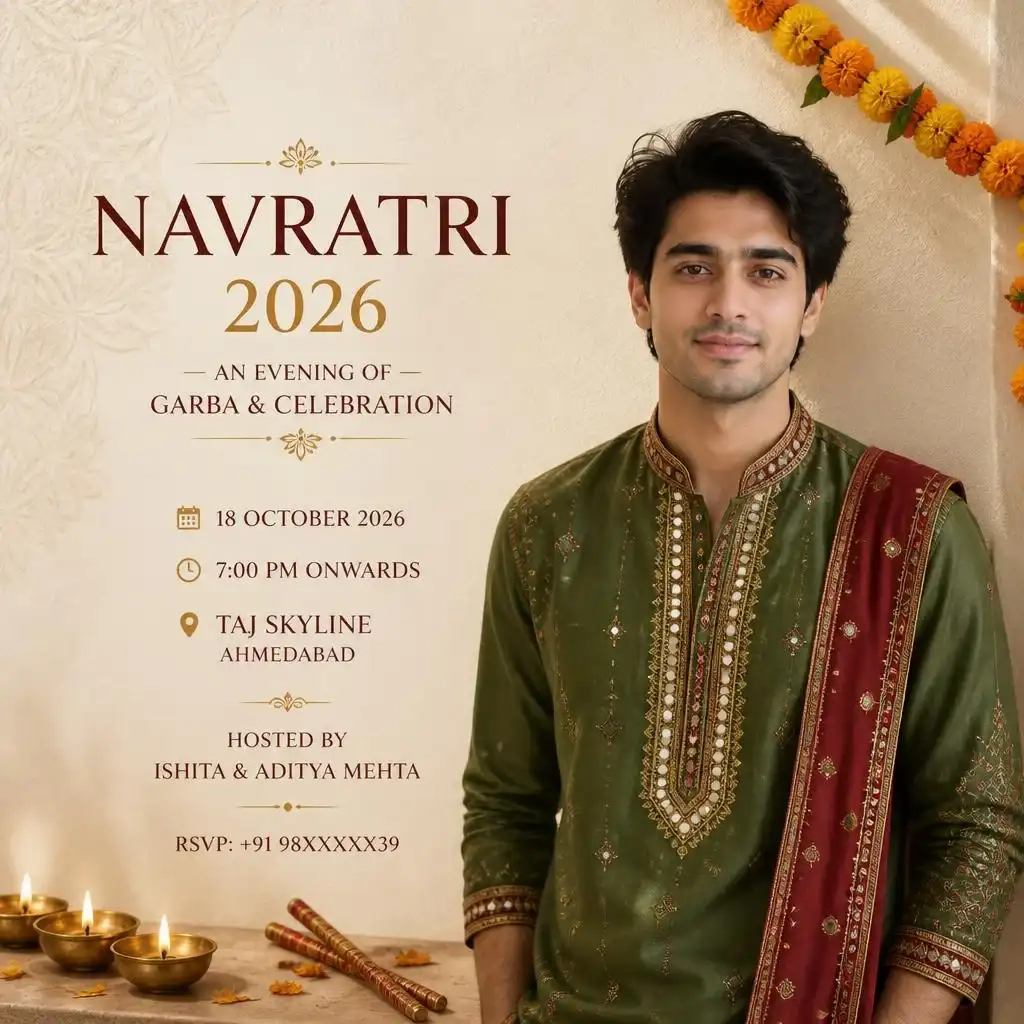 Minimal luxury Navratri invitation featuring a person in traditional attire with marigolds, diyas, and dandiya sticks.