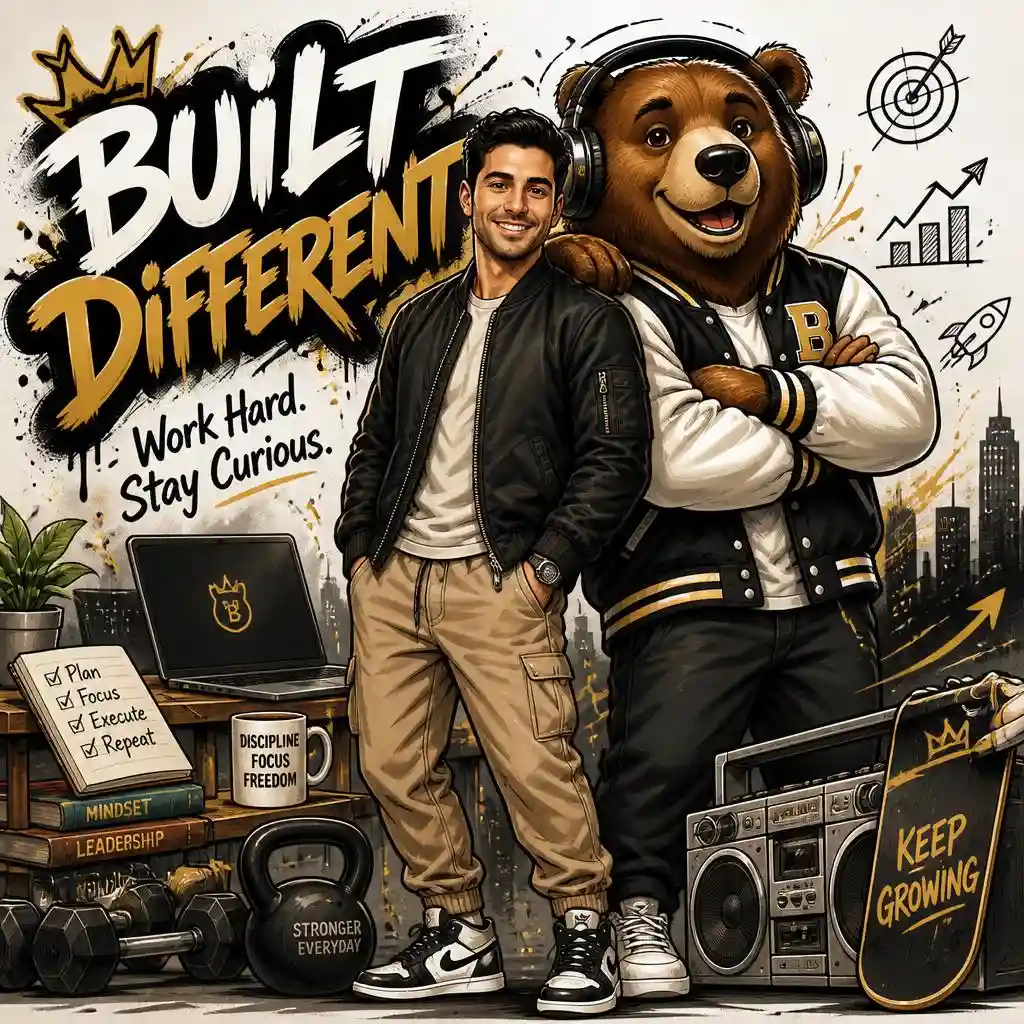 Male mascot poster with a friendly brown bear, headphones, technology, fitness props, and the text “Built Different.”