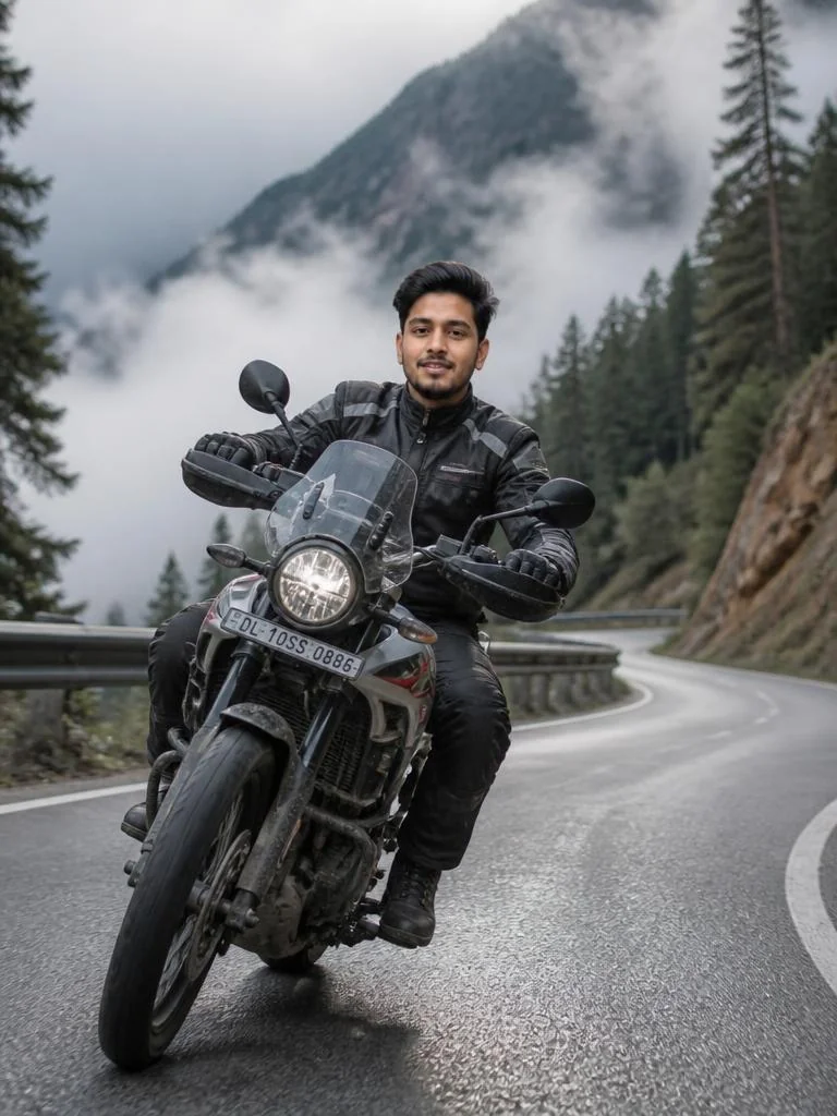 Rider traveling on an adventure motorcycle through a winding mountain road with pine forests rocks and low clouds.