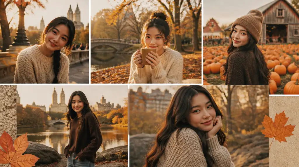 Multi-panel autumn collage featuring fall selfies, knit sweaters, beanies, pumpkin spice latte, leaves, and cozy textures.